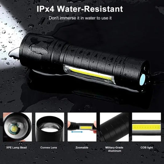 Rechargeable LED Torch Light with COB Side Light – High Power Emergency Flashlight with USB Charging & Storage Case