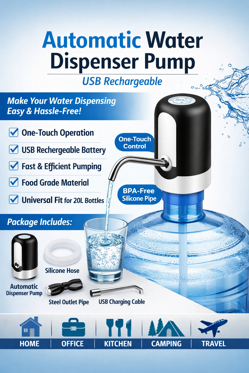 Automatic Water Dispenser Pump for 20L Bottle – USB Rechargeable Portable Water Pump