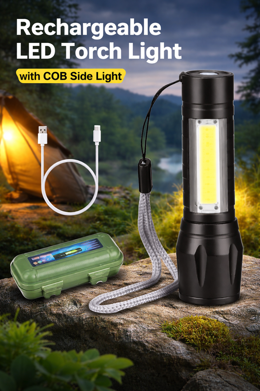 Rechargeable LED Torch Light with COB Side Light – High Power Emergency Flashlight with USB Charging & Storage Case