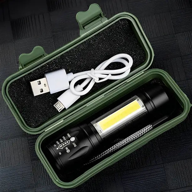 Rechargeable LED Torch Light with COB Side Light – High Power Emergency Flashlight with USB Charging & Storage Case